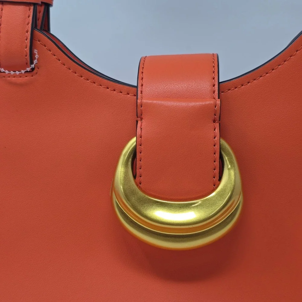 Donna Karan New York Orange Leather Tote Bag Gold Crescent Hardware Shoulder Bag